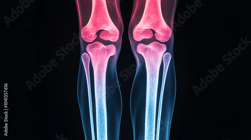 X-ray image showcasing a vibrant depiction of human knee joints, highlighting details in a striking pink and blue color scheme.