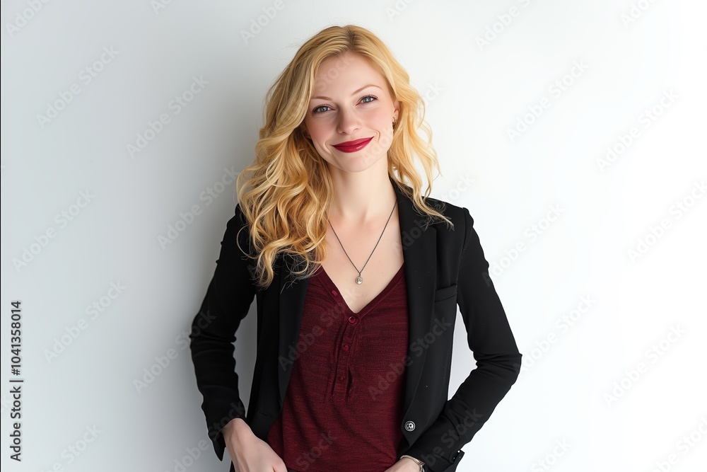 Smiling Blonde Woman in Black Blazer. Generative AI. Smiling Blonde Woman in Black Blazer. Generative AI.