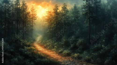 Sunlit Path Through a Misty Forest