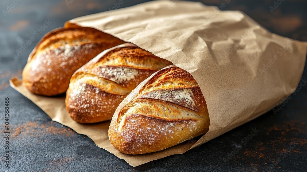 Freshly baked artisan bread loaves in a paper bag, showcasing their golden crust and inviting texture, perfect for culinary and food-related themes. Freshly baked artisan bread loaves in a paper bag, showcasing their golden crust and inviting texture, perfect for culinary and food-related themes.