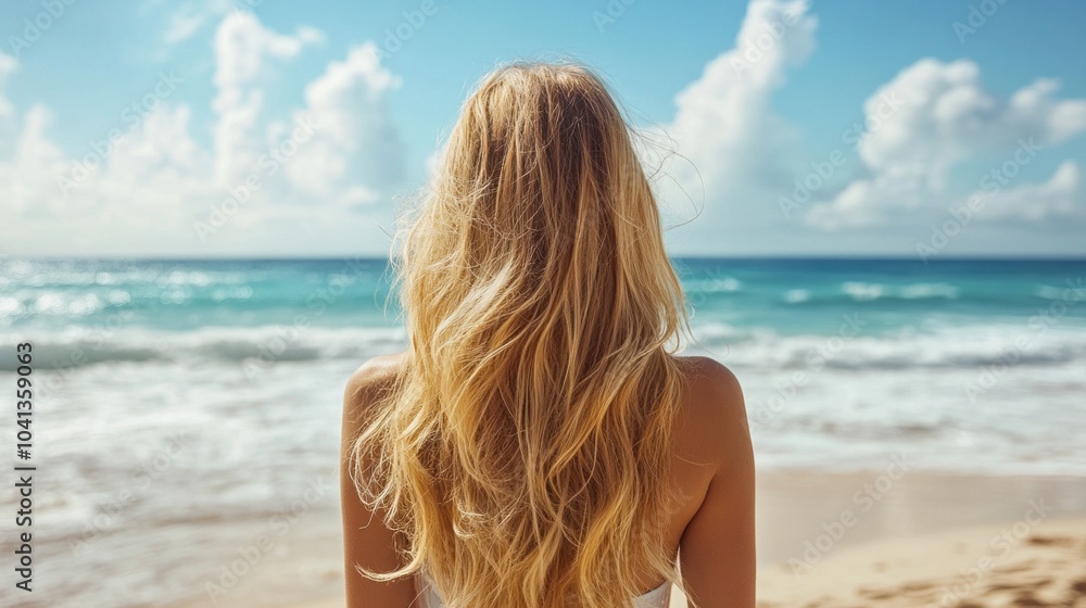 A woman with long blonde hair stands on a beach, looking out at the ocean A woman with long blonde hair stands on a beach, looking out at the ocean