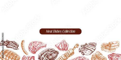 Meat and vegetables menu template in engraved vintage style. Hand-drawn sketches of barbecue meat pieces with herbs and seasonings. Background for meat restaurant.