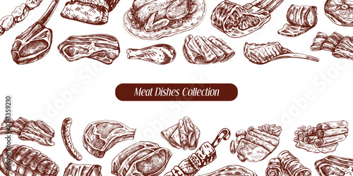 Meat and vegetables menu template in engraved vintage style. Hand-drawn sketches of barbecue meat pieces with herbs and seasonings. Background for meat restaurant.