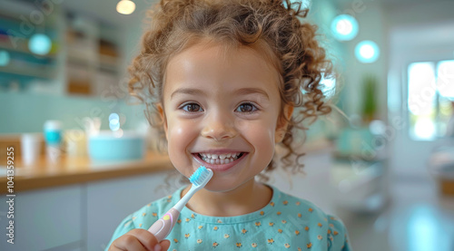 Smiling young girl holding a toothbrush in a brightly lit dental office, promoting oral hygiene and healthy dental habits. photo