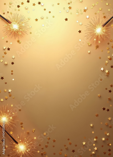 golden sparklers on a gold background with a copy space and gold confetti on it