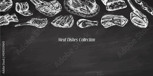 Meat and vegetables menu template in engraved vintage style on chalkboard background. Hand-drawn sketches of barbecue meat pieces with herbs and seasonings.