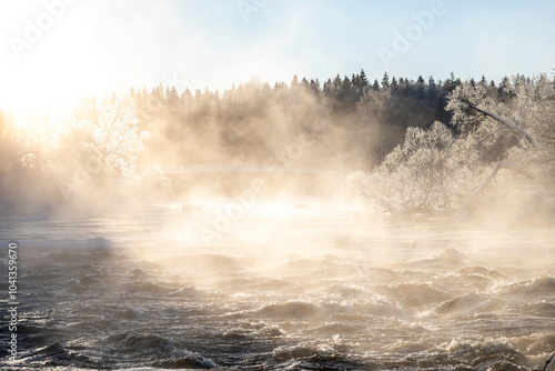 River landscape in a beautiful cold morning. Farnebofjarden national park in north of Sweden photo