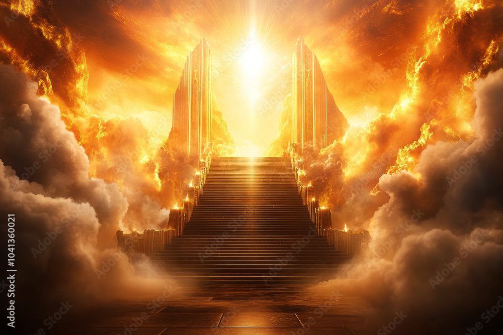 Obraz premium The stairs to the kingdom of heaven, with golden gates and clouds,