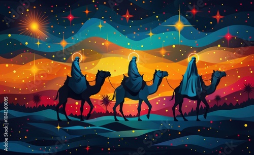 Colorful abstract illustration of three wise men on camels, following a bright star 