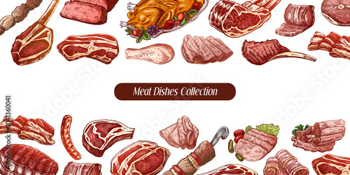 Meat and vegetables menu template in engraved colored vintage style. Hand-drawn sketches of barbecue meat pieces with herbs and seasonings. Background for meat restaurant.