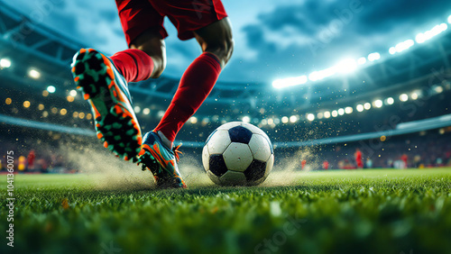 An action image of a soccer player kicking a soccer ball in the stadium with the aim to score a goal, The football player is ambitious to score the goal and escape from competitors