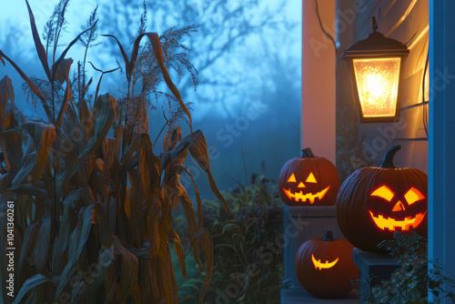 Halloween Porch with Carved Pumpkins and Lanterns in a Spooky Night Setting. photo