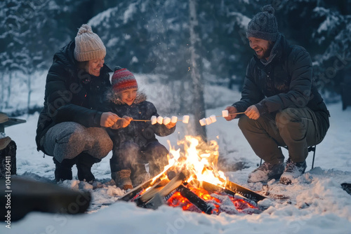 Cozy family bonding: roasting marshmallows by a winter campfire in a snowy forest photo