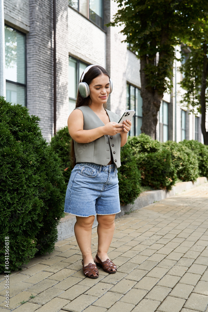 A young brunette woman with headphones strolls leisurely while checking her phone, surrounded by lush greenery. A young brunette woman with headphones strolls leisurely while checking her phone, surrounded by lush greenery.