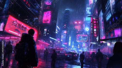 Rainy Cyberpunk Cityscape with a lone Figure