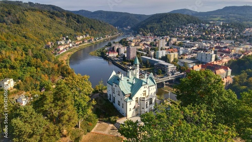 Aerial view of a picturesque European town.