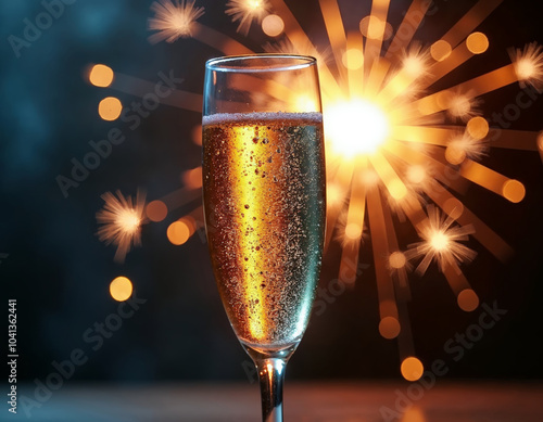 close up of a glass of champagne with fireworks explodes behind it