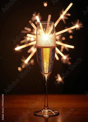 a glass of champagne with fireworks behind it and sparklers in the background