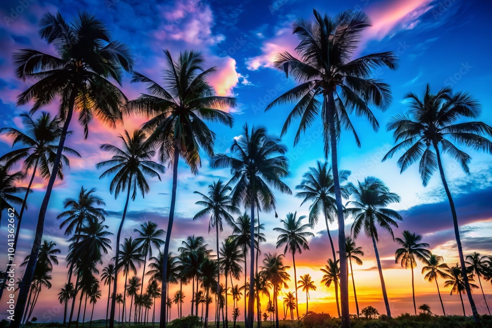 Low Light Photography of Palm Trees Against a Vibrant Blue Sky - Tropical Background with Ample Copy Space for Text Overlay and Stunning Visual Appeal Low Light Photography of Palm Trees Against a Vibrant Blue Sky - Tropical Background with Ample Copy Space for Text Overlay and Stunning Visual Appeal