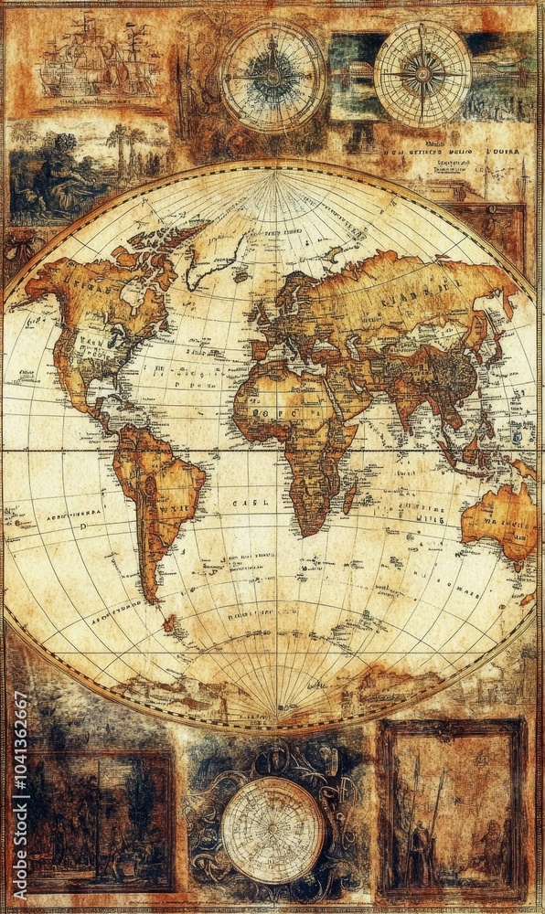 Fototapeta premium Vintage world map with compass and scenes.