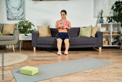 A cheerful brunette woman with short stature sitting on couch at home photo