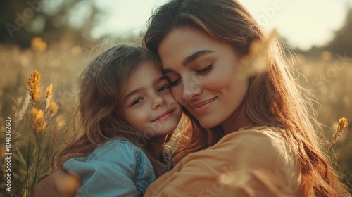 A woman is holding a young girl in a field of yellow flowers