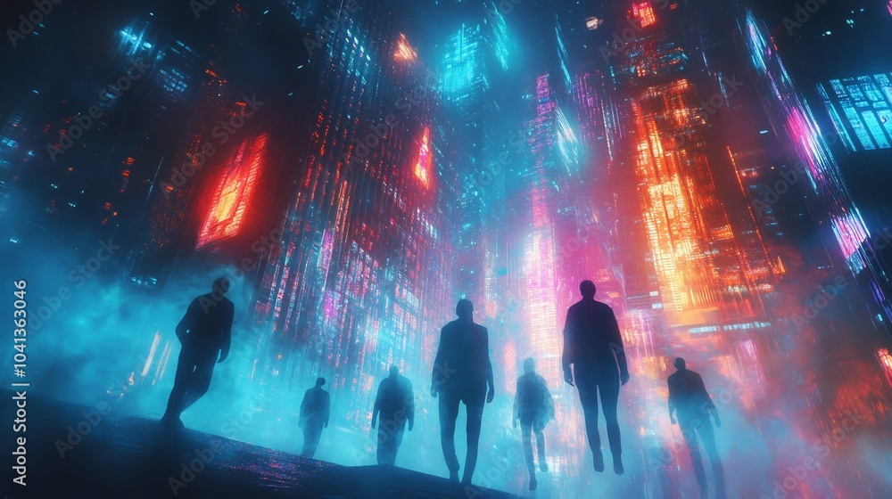 Silhouettes in a Neon Cityscape Silhouettes in a Neon Cityscape