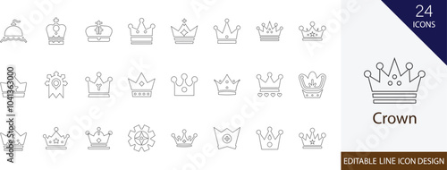 Crown stroke icon set, with Ceremony, Royalty, King, Queen, Monarch, prince, winner and more line icons