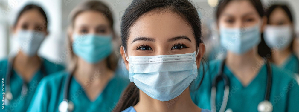 © pixele - Group of young doctors, students and medical residents standing with their team in hospital hall