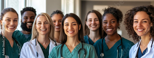 Group of young doctors, students and medical residents standing with their team in hospital hall 