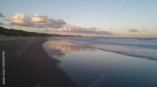 Serene Beach at Dusk with Reflective Water