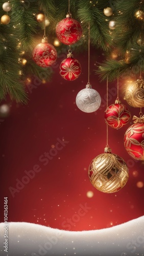 Red and gold Christmas ornaments hanging on a tree with snowy branches and a red background with copy space. Holiday vertical decoration and winter celebration concept