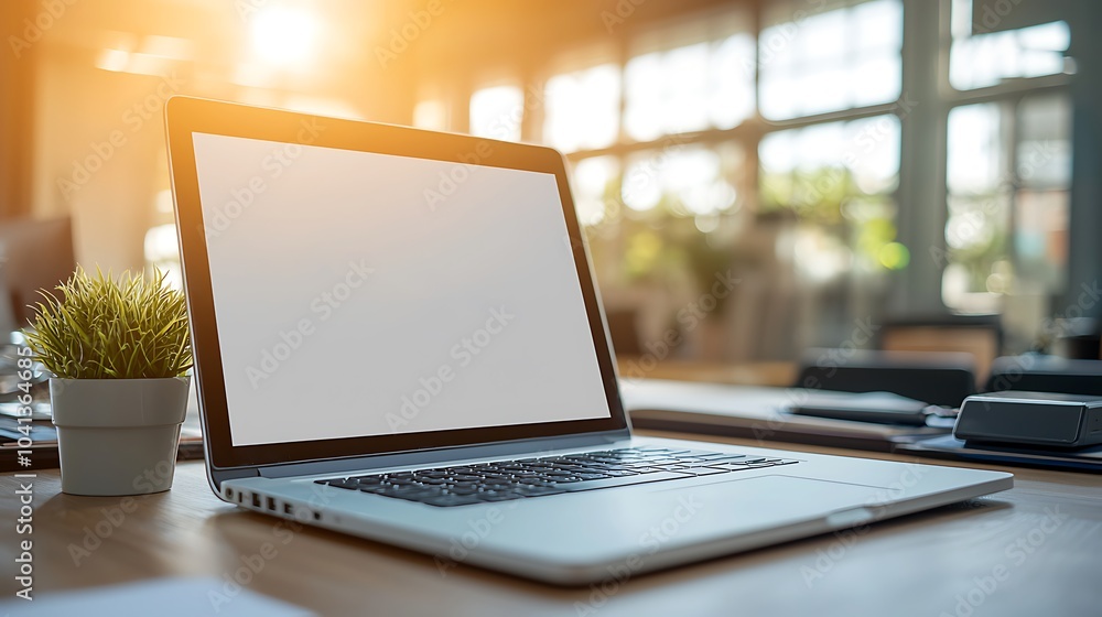 A modern workspace with a laptop and a touch of nature embracing productivity in a bright environment A modern workspace with a laptop and a touch of nature embracing productivity in a bright environment