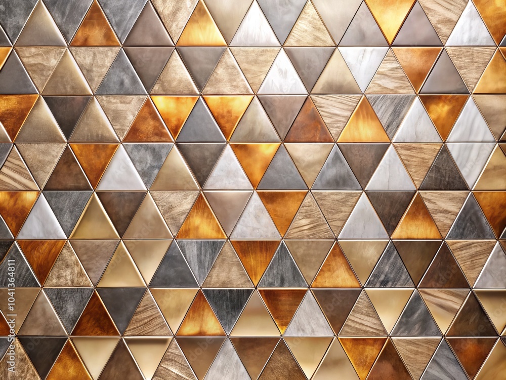 Abstract Triangular Mosaic Tile Wallpaper Texture in Geometric Fluted Design with Metallic Gold, Silver, and Copper Background for Modern Interior Decor and Design Inspiration Abstract Triangular Mosaic Tile Wallpaper Texture in Geometric Fluted Design with Metallic Gold, Silver, and Copper Background for Modern Interior Decor and Design Inspiration