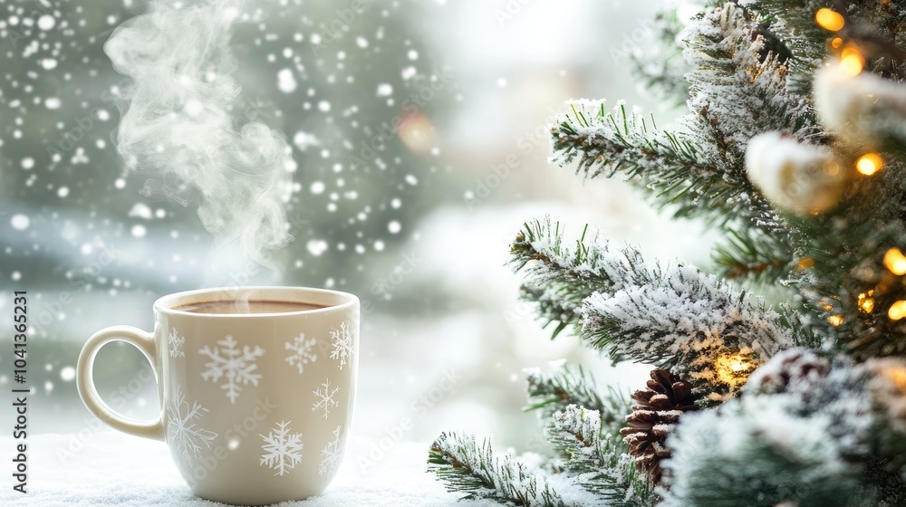 Warm Cup of Coffee by a Snowy Christmas Tree Warm Cup of Coffee by a Snowy Christmas Tree