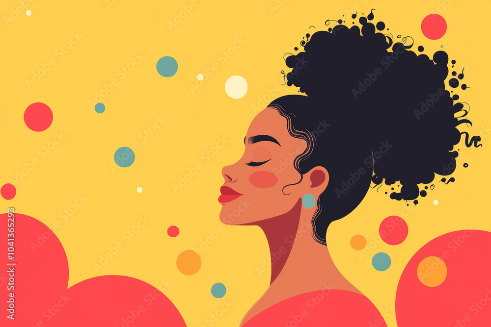 A vibrant illustration of a woman with curly hair against a bright yellow background, showcasing beauty and confidence in a playful setting A vibrant illustration of a woman with curly hair against a bright yellow background, showcasing beauty and confidence in a playful setting