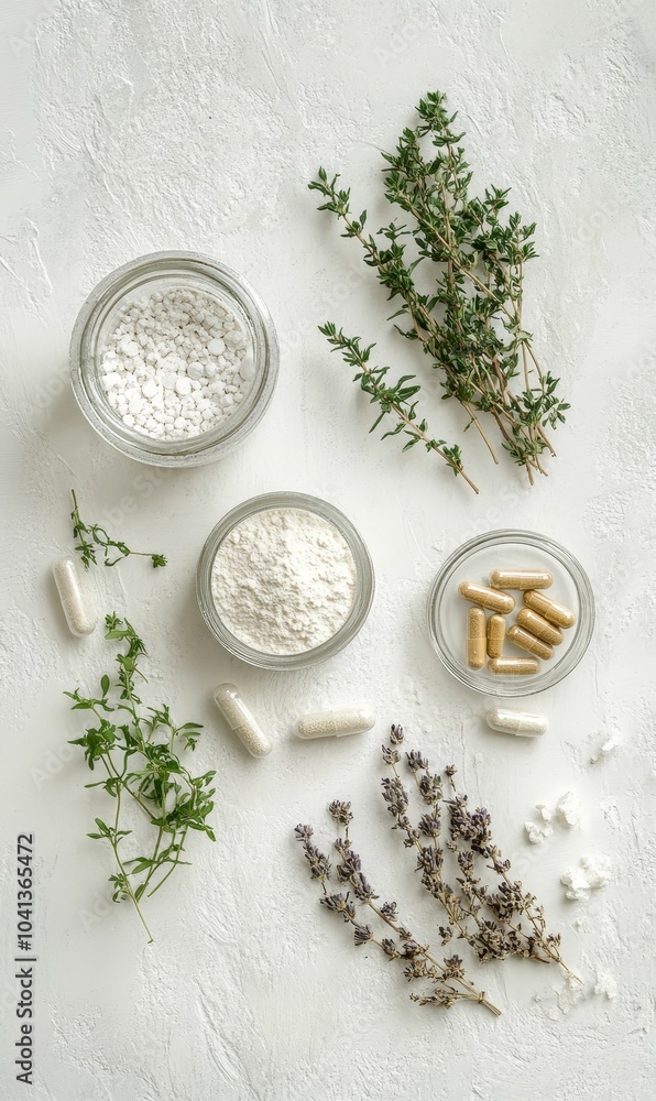 Herbs, powders, and capsules on white background. Herbs, powders, and capsules on white background.