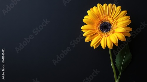 Yellow gerbera daisy on black background with space for copy text