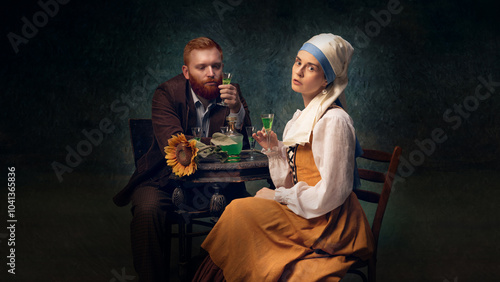 Man and woman dressed in vintage clothing sit at table, drinking alcohol drinks. Mix of rustic charm with historical atmosphere. Concept of art, eras comparison, creative vision, ad photo