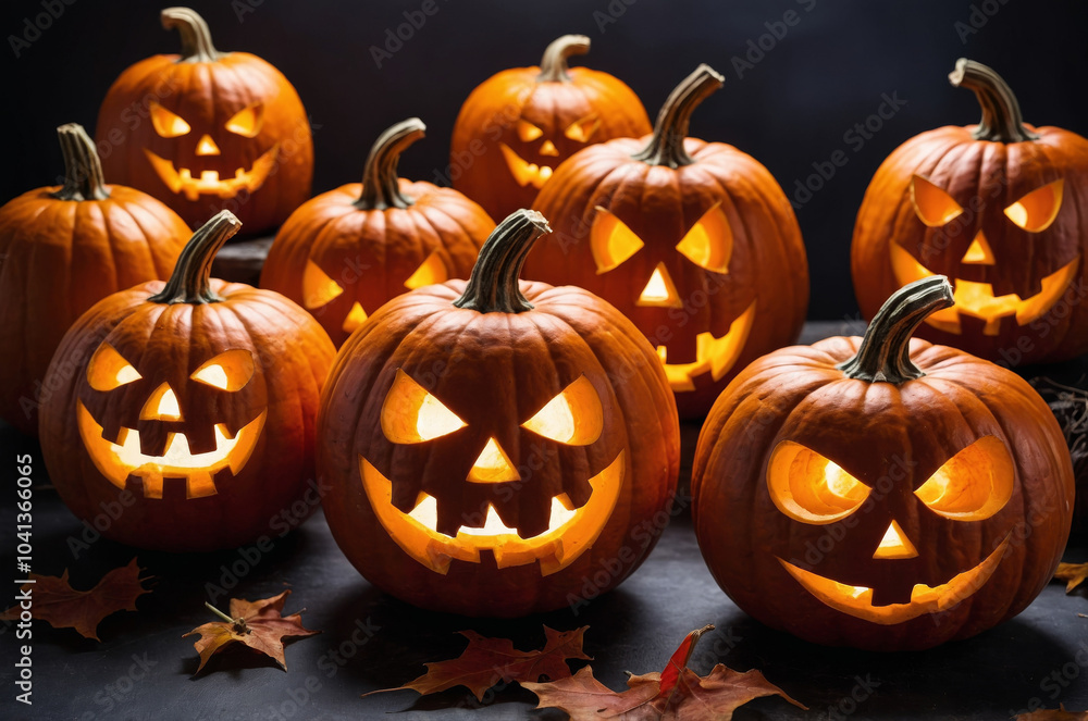 Group of Halloween pumpkins with carved faces on hay bales and wooden crates in an outdoor autumn setting. Group of Halloween pumpkins with carved faces on hay bales and wooden crates in an outdoor autumn setting.