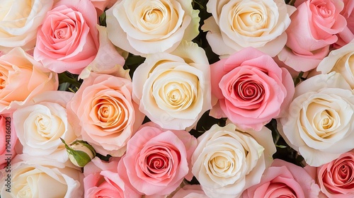 A vibrant arrangement of pink and white roses, showcasing delicate petals and natural beauty in a harmonious floral composition.