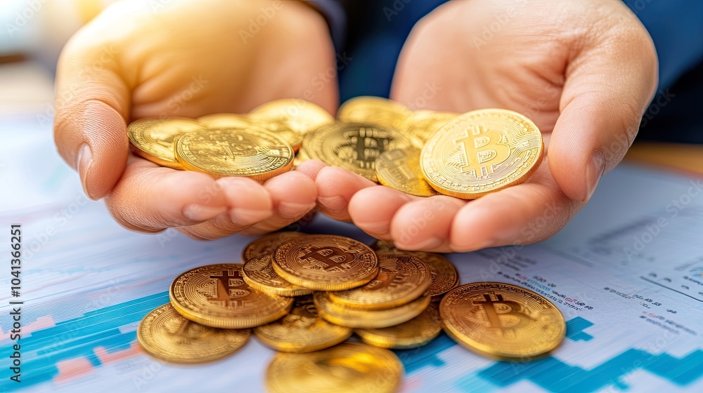 Hands holding gold coins symbolizing cryptocurrency. Hands holding gold coins symbolizing cryptocurrency.