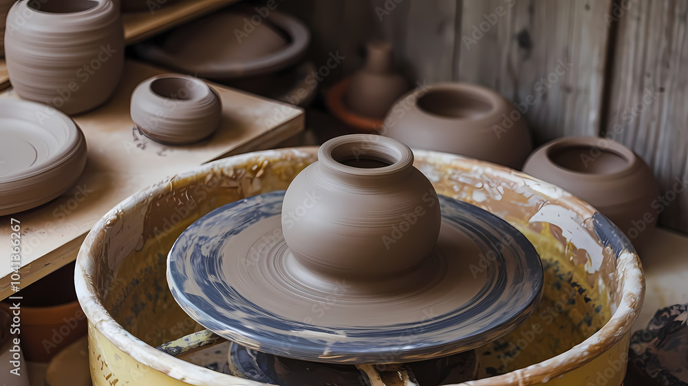 Close-up of a pottery wheel with a clay pot being shaped, surrounded by various handmade ceramic items in a rustic studio setting. Close-up of a pottery wheel with a clay pot being shaped, surrounded by various handmade ceramic items in a rustic studio setting.