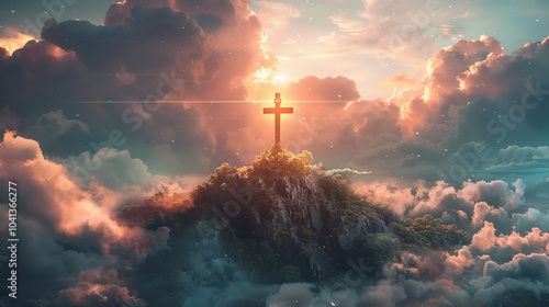 The Holy Cross on the top of an island, with beautiful sunset and clouds behind photo