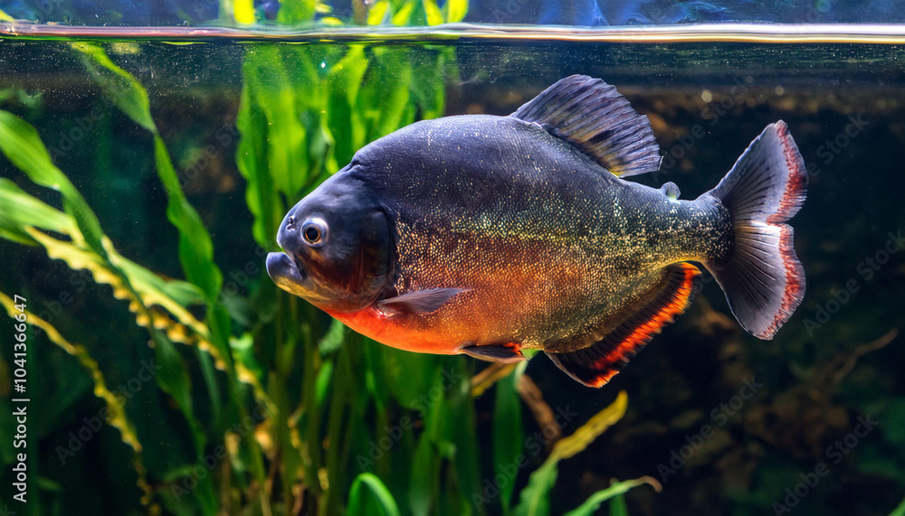 A Single Red-Bellied Piranha Swimming in a Water With Green Plants and Copy Space A Single Red-Bellied Piranha Swimming in a Water With Green Plants and Copy Space