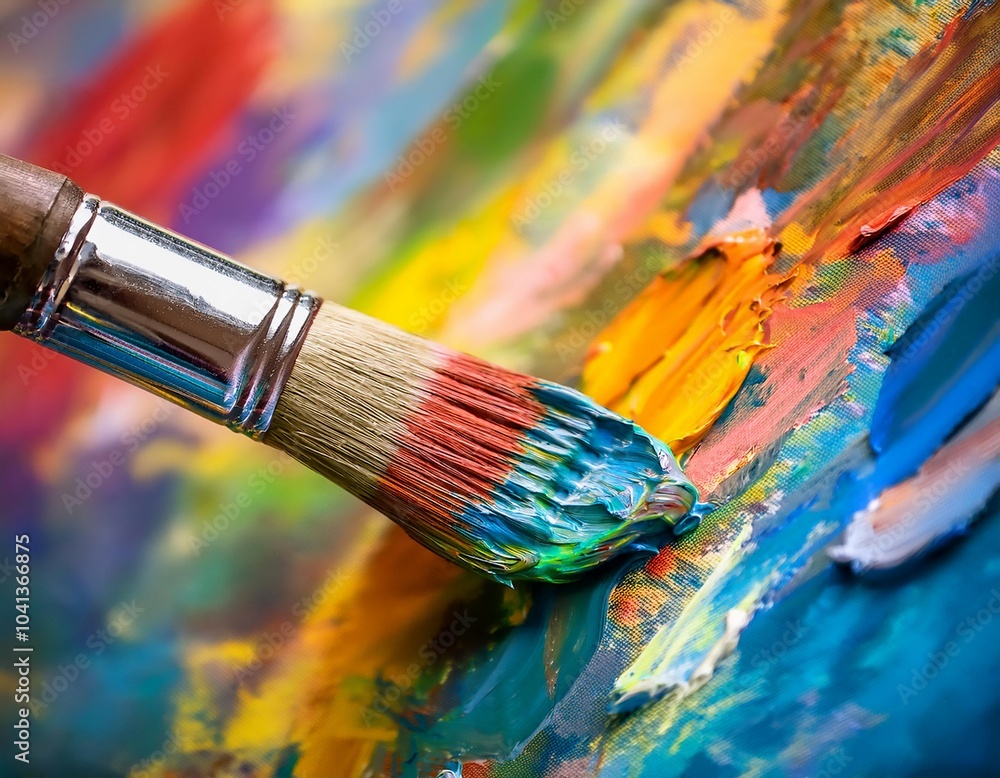 Fototapeta premium Paintbrush applying color to a canvas, representing artistry, creativity, and painting techniques.