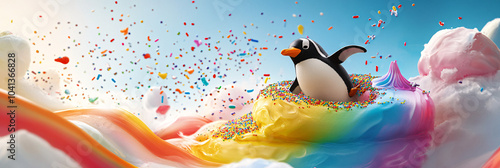 A penguin sliding down a rainbow into a giant ice cream sundae, with sprinkles falling like snowflakes  photo