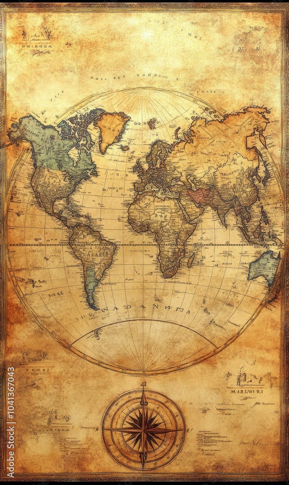 Obraz premium An antique world map with compass.