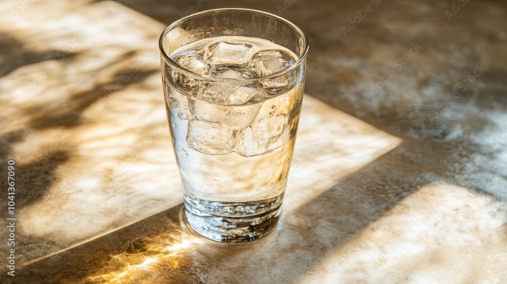 Refreshing Glass of Water with Ice Cubes and Light Play