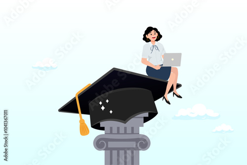 Curriculum, learning or education, student academic, study new knowledge or scholarship, learning lesson, certificate or graduated concept, smart woman learning with laptop on mortarboard pillars